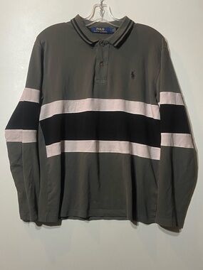 Polo by Ralph Lauren Men's Olive Green Striped Long-Sleeve Rugby Polo